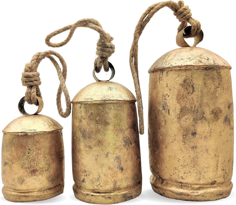 Carfar Shabby Chic Set of 3 Country Rustic Style Bells Handmade Metal Harmony Christmas Hanging Cow Bell Set on Jute Rope (Large) - Image 1